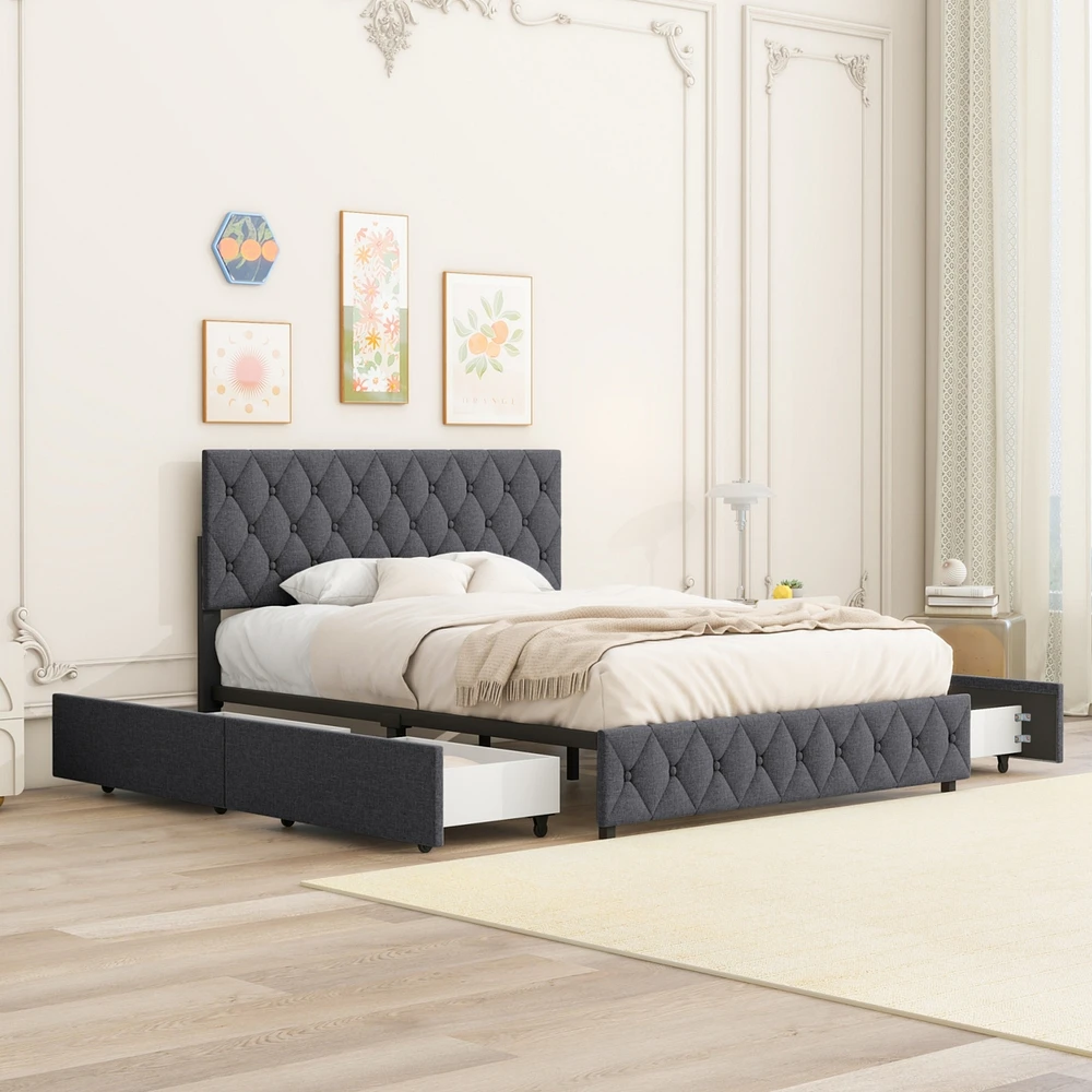 Streamdale Furniture Queen Size Upholstered Platform Bed Frame with 4 Storage Drawers, Adjustable Linen Headboard, Wooden Slats Support