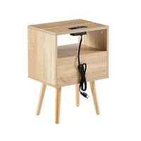 Rattan End Table With Power Outlet & Usb Ports, Modern Nightstand With Drawer And Solid Wood