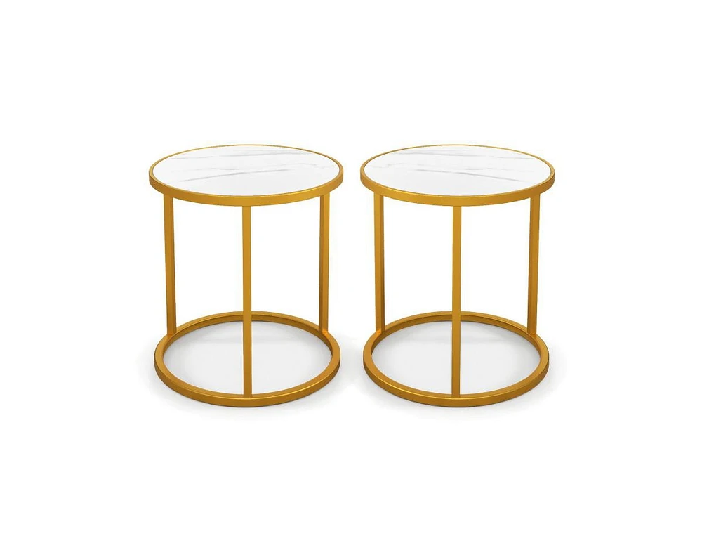 Slickblue Marble Top Round Side Table 16-Inch End Table with Golden Metal Frame-2 Pieces