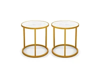 Slickblue Marble Top Round Side Table 16-Inch End Table with Golden Metal Frame-2 Pieces