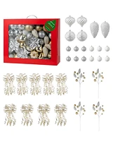 Glitzhome 178ct Christmas Elegant Silver Gold Shatterproof Ornaments with Matched Pinecone Picks and Ribbon Bow Sets