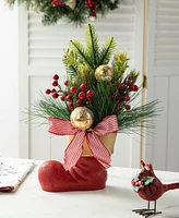 Glitzhome 14 H Christmas Red Boot with Pine Needle Berry Centerpiece