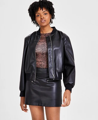 Bar Iii Women's Faux-Leather Zip-Front Bomber Jacket, Created for Macy's