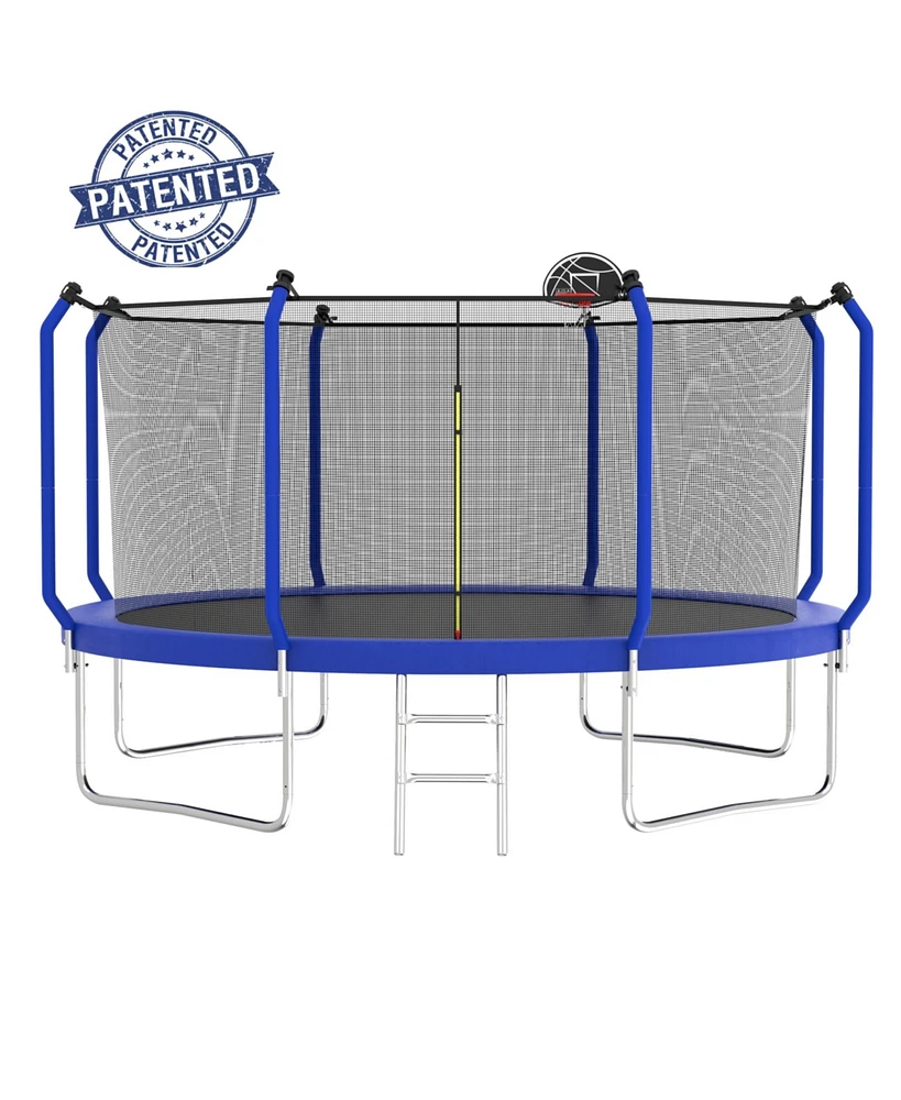 Simplie Fun 14FT Trampoline Blue Safety Net, Basketball Hoop, Ladder, 80 Springs