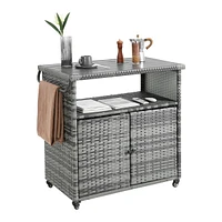Versatile Outdoor Wicker Bar Cart with Wheels and Glass Tabletop