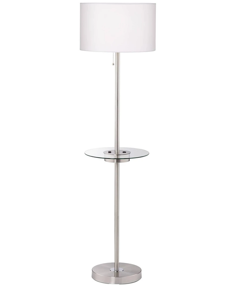 360 Lighting Caper Modern Floor Lamp with Tray Usb and Ac Power Outlet on Table Glass 60.5" Tall Satin Nickel White Fabric Drum Shade for Living Room