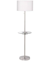 360 Lighting Caper Modern Floor Lamp with Tray Usb and Ac Power Outlet on Table Glass 60.5" Tall Satin Nickel White Fabric Drum Shade for Living Room