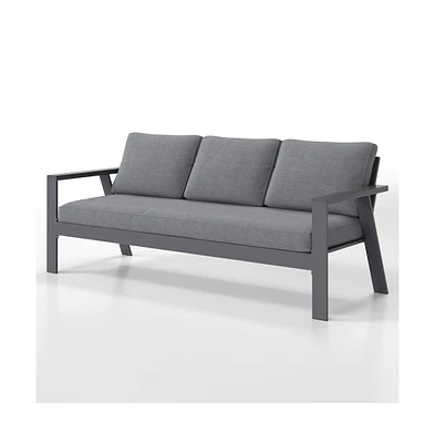 Simplie Fun Dark Grey Comfy Wood Grain Arm Modern Aluminum Patio Outdoor Couch Sofa 3 Seater