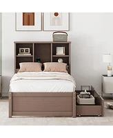 Simplie Fun Modern Twin Size Bed Frame With Built-in Usb Port on Bookcase Headboard and 2 Drawers for Walnut Color