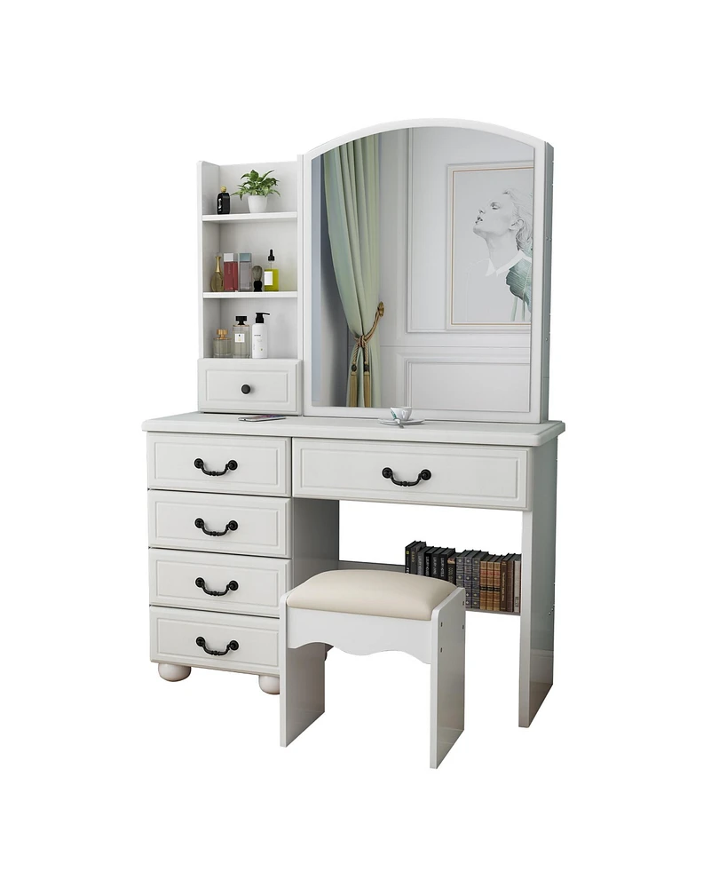 Streamdale Furniture Vanity Desk with Mirror, Lights, and 6 Drawers