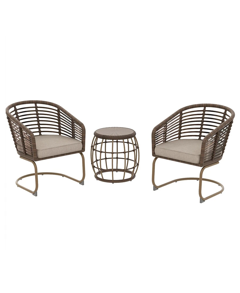 Mondawe 3-Piece Wicker Patio Conversation Set Outdoor Spring Chairs and Side Table for Gazebo with Brown Cushion