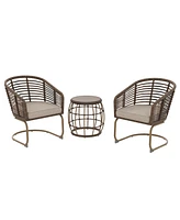 Mondawe 3-Piece Wicker Patio Conversation Set Outdoor Spring Chairs and Side Table for Gazebo with Brown Cushion