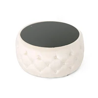 Modern Glam Velvet Ottoman with Button-Tufted Stitch and Glass Top