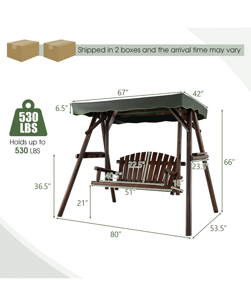 Slickblue 2-Person Outdoor Wooden Porch Swing with an Adjustable Canopy