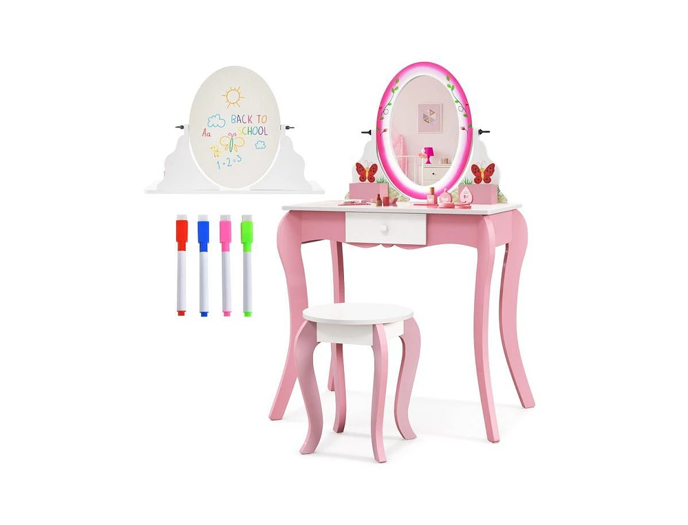 Slickblue Kids Vanity Table and Stool Set with 360° Rotating Mirror and Whiteboard-Pink