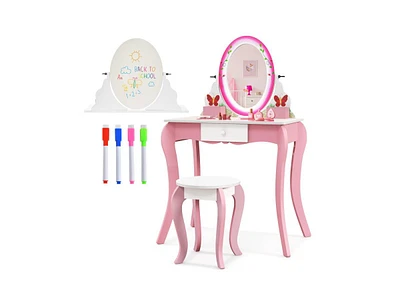 Slickblue Kids Vanity Table and Stool Set with 360° Rotating Mirror and Whiteboard-Pink