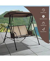 Slickblue 2-Person Patio Swing with Adjustable Canopy and 2 Storage Pocket-Brown