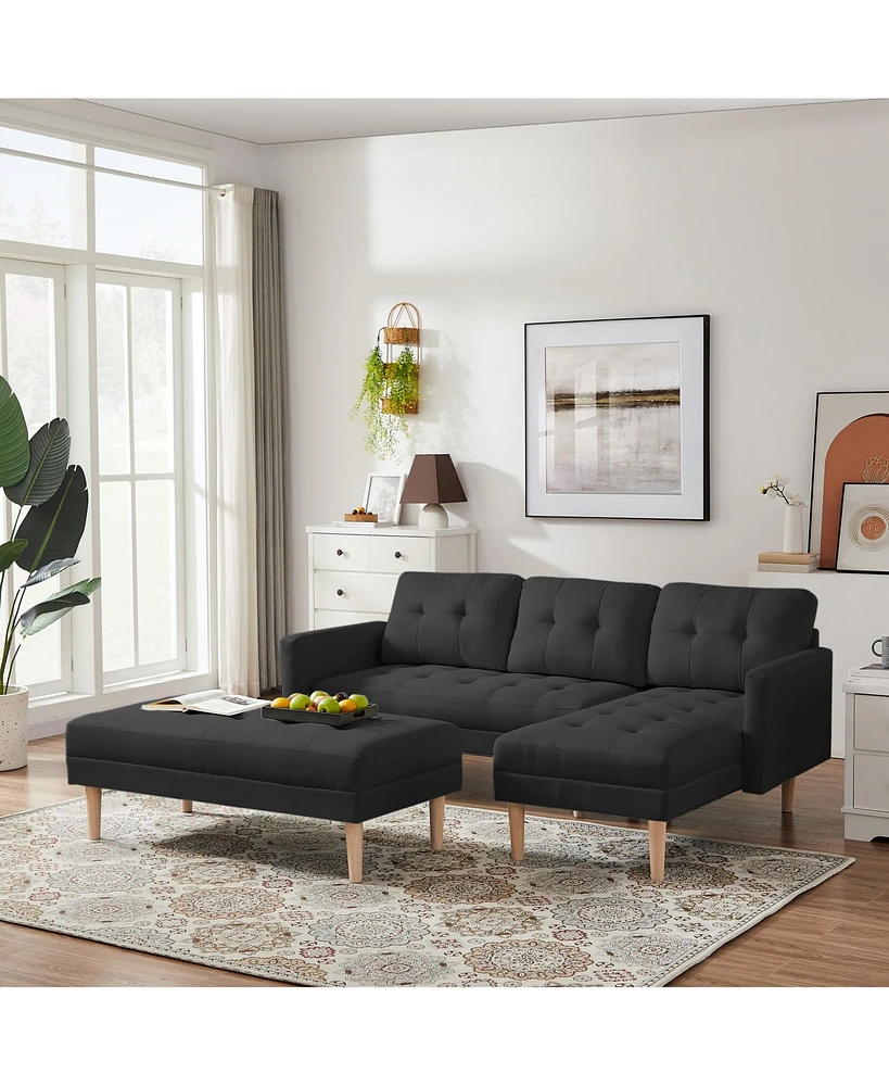 Simplie Fun Corner L-Shape Sofa with Storage Ottoman in Black