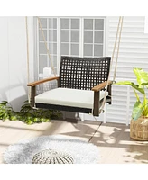 Slickblue Single Rattan Porch Swing with Armrests Cushion and Hanging Ropes-White