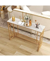 Slickblue Modern Console Table with Geometric Frame and Faux Marble Tabletop-White