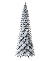 Glitzhome 12ft Pre Lit Flocked Layered Slim Spruce Artificial Christmas Tree with 900 Warm White Lights, Three Function, Simple Setup