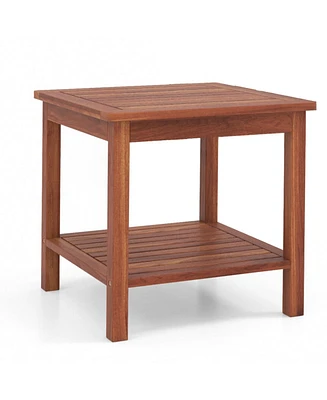 Inolait Double-Tier Acacia Wood Patio Side Table with Slatted Tabletop and Shelf