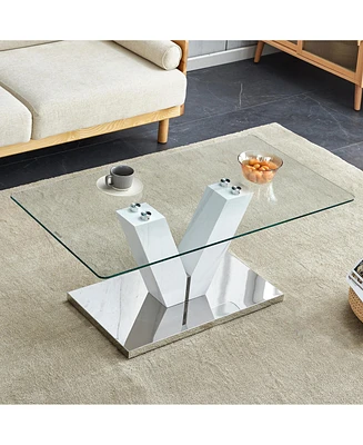 Simplie Fun Crystal Clear Modern Coffee Table with Stainless Steel Base