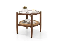 Slickblue Rattan Round Side End Table with Tempered Glass Tabletop