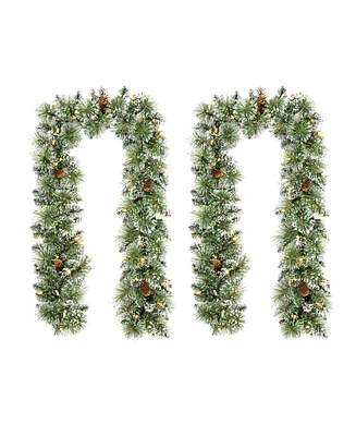 Glitzhome Set of 2 6ft Pre Lit Frosted Greenery Pinecones Christmas Garland, with 35 C3 Clear Light Emitting Diode Lights and Timer, Three Function