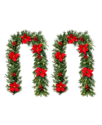 Glitzhome Set of 2 6ft Pre Lit Greenery Pine Red Poinsettia and Berries Christmas Garland, with 50 Warm White Lights and Timer, Three Function