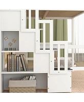 Full Size Loft Bed With Built-In Desk, Bookshelves And Storage Staircase, White
