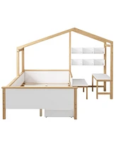 Simplie Fun Wooden House Bed with Desk, Drawer & Bookshelf