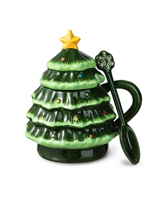 Glitzhome 6.5 H Christmas Ceramic Tree Mug with Lid and Spoon