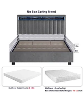 Luxury Gas Lift Storage Bed With Rf Led Lights, Storage Headboard, Queen Size, Velvet Grey