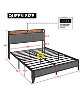 Streamdale Furniture Queen Size Bed Frame With Charging Station, Upholstered Headboard, Metal Platform, Grey