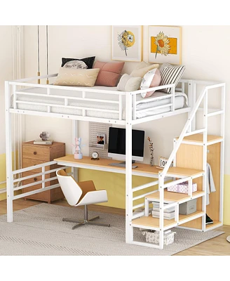 Streamdale Furniture Full Size Metal Loft Bed With Desk, Storage Staircase And Small Wardrobe, Storage Stairs