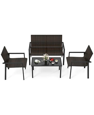 Gymax 4 Pcs Patio Furniture Set Heavy Duty Galvanized Metal Frame Wicker Table Mix Brown