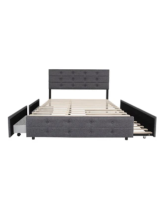 Simplie Fun Queen Size Upholstered Linen Fabric Trundle Bed With Drawers Grey