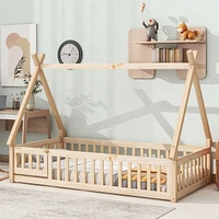 Twin Tentshaped Floor Bed, With Guardrails, Slats, Door, Natural
