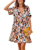 Cupshe Women's Tropical Leaf Short Sleeve Flounce Hem Mini Beach Dress
