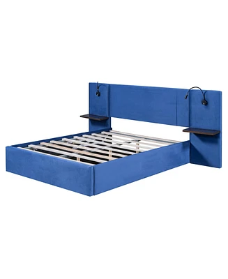 Simplie Fun Full Size Storage Upholstered Hydraulic Platform Bed With 2 Shelves, 2 Lights And Usb, Blue