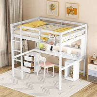 Full Size Loft Bed With Multi-Storage Desk, Led Light And Bedside Tray, Charging Station