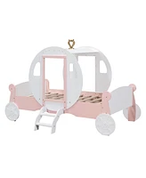 Simplie Fun Twin Size Princess Carriage Bed With Crown, Wood Platform Car Bed With Stair+Pink