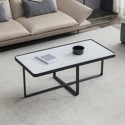 Simplie Fun Minimalism Rectangle Coffee Table, Metal Frame With Sintered Stone Tabletop