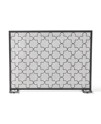 Simplie Fun Modern Minimalist Iron Fireplace Screen, Clover Trellis, Brushed Black