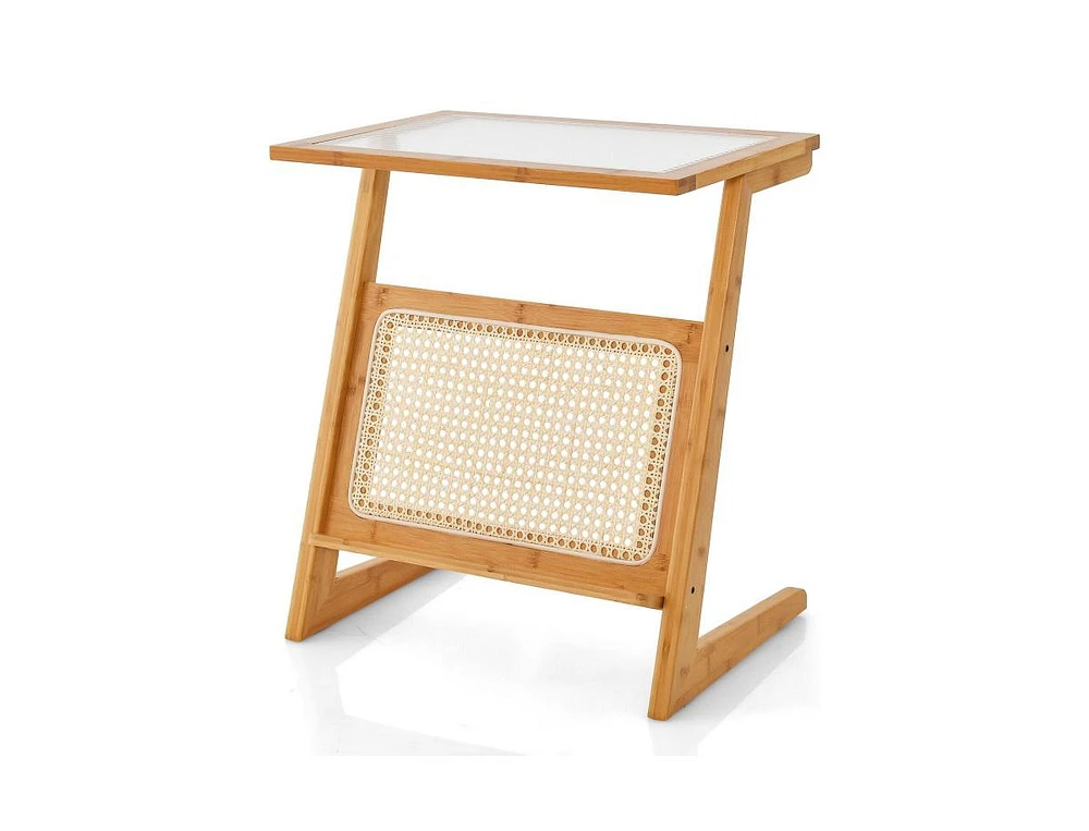 Slickblue Z-shaped End Table with Magazine Rack and Rattan Shelf-Natural