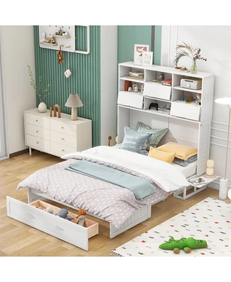 Simplie Fun Queen Size Murphy Bed With Bookcase, Bedside Shelves And A Big Drawer