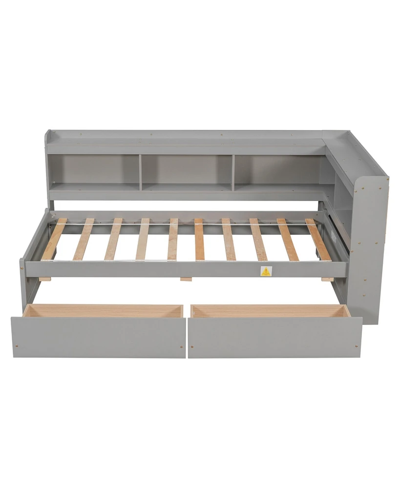 Simplie Fun Twin Bed With L-Shaped Bookcases, Drawers, Grey