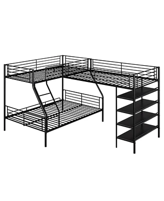 Simplie Fun L-Shaped Metal Twin Over Full Bunk Bed And Twin Size Loft Bed With Four Built-In Shelves