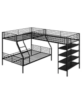 Simplie Fun L-Shaped Metal Twin Over Full Bunk Bed And Twin Size Loft Bed With Four Built-In Shelves